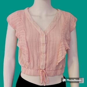 GOOD LUCK GEM Pink Cascade Ruffle Cropped Festival Shirt